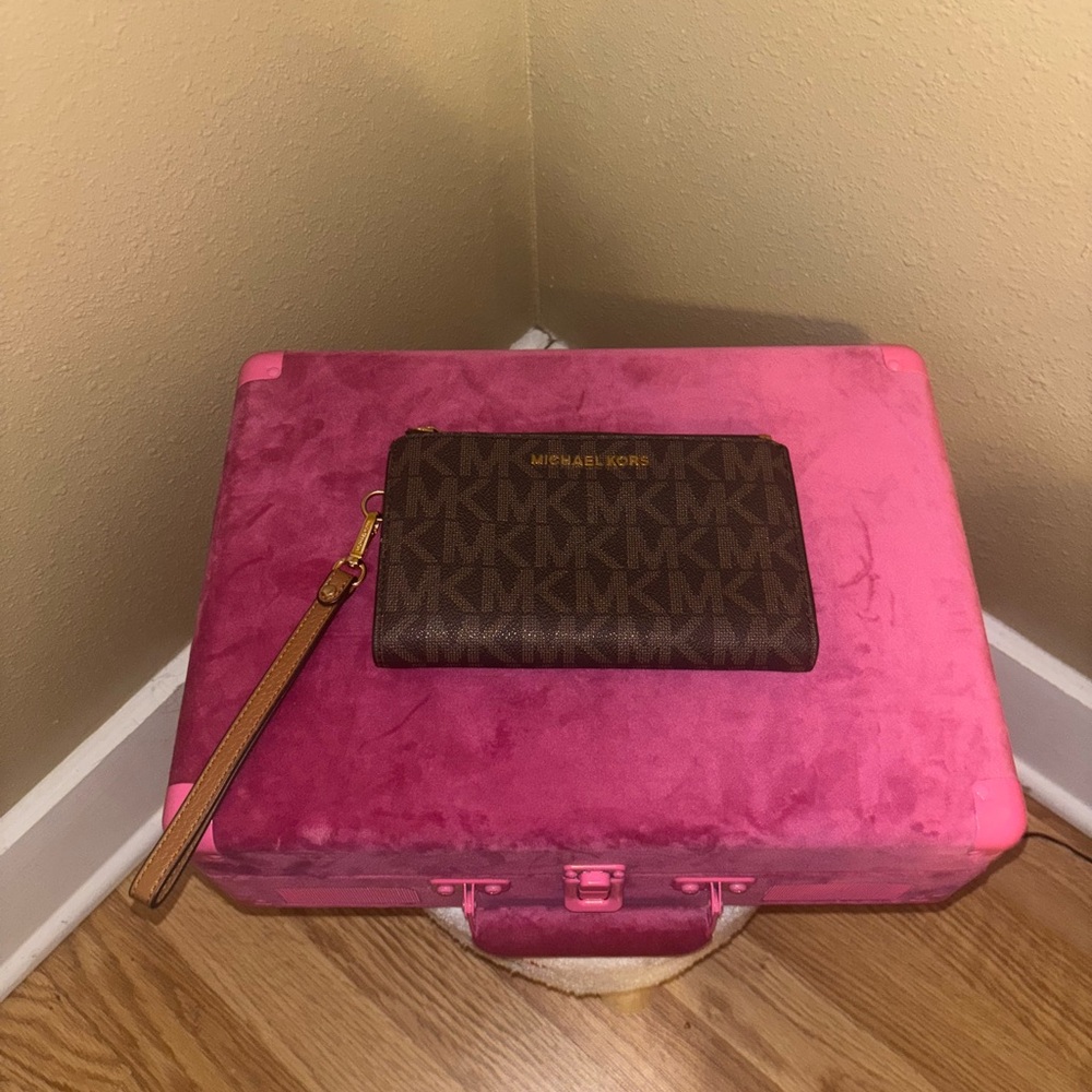 Michael Kors Double-Sided Wallet Wristlet – Brown Logo, Gold Hardware